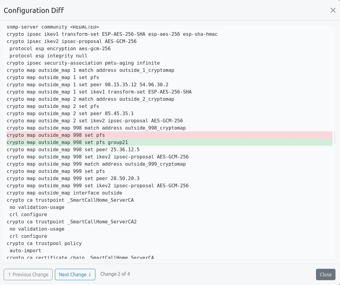 IronDiff Dashboard showing configuration diffs